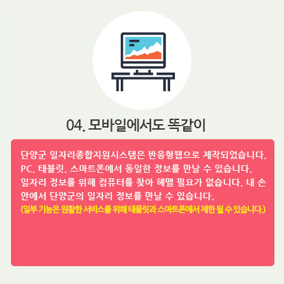 04. 모바일에서도 똑같이 : 단양군 일자리종합지원시스템은 반응형웹으로 제작되었습니다. PC, 태블릿, 스마트폰에서 동일한 정보를 만날 수 있습니다. 일자리 정보를 위해 컴퓨터를 찾아 헤맬 필요가 없습니다. 내 손 안에서 단양군의 일자리 정보를 만날 수 있습니다.(일부 기능은 원활한 서비스를 위해 태믈릿과 스마트폰에서 제한 될 수 있습니다.) 